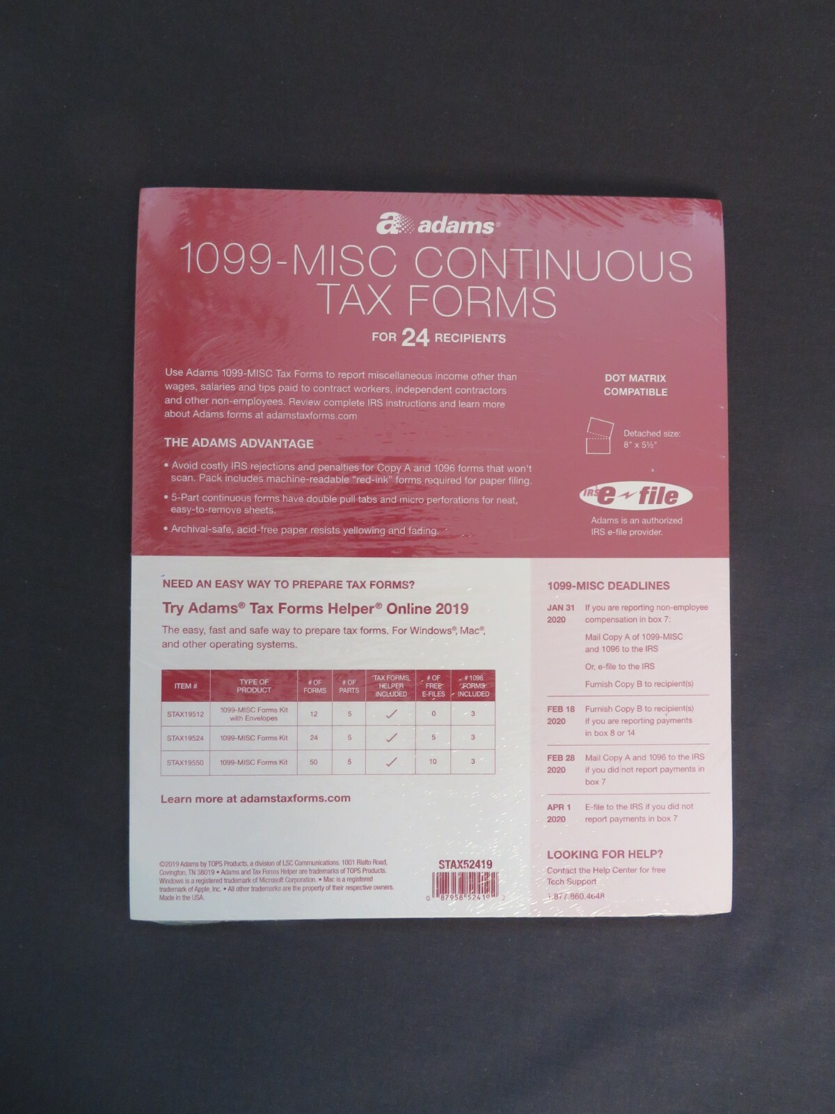 2019 Adams 1099-Misc Continuous Tax Forms 24 5-Part Sets, 3 1096 Summary Forms