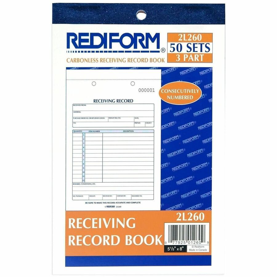 Rediform 2L260 Receiving Record Slip Book 50 Sheets Carbonless