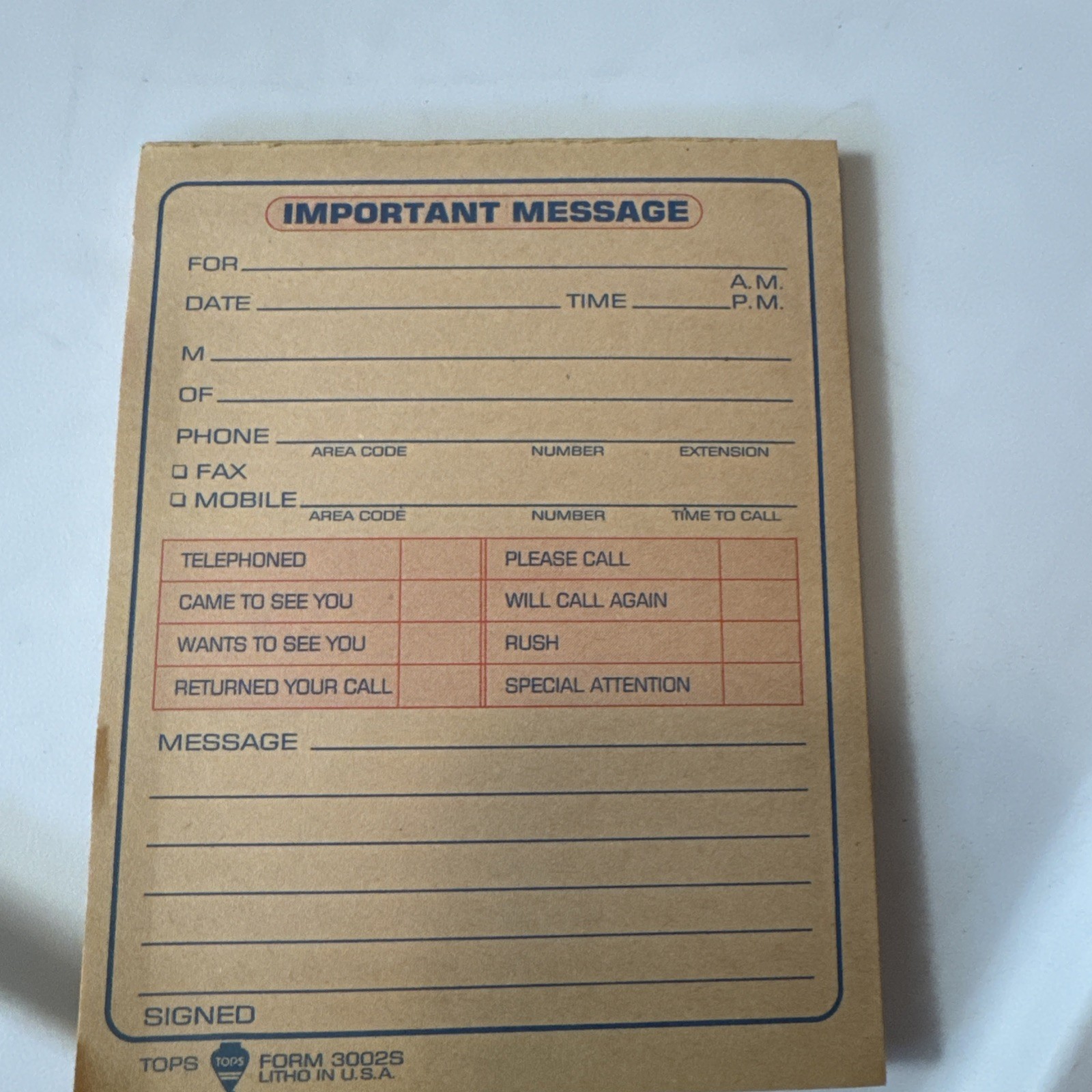 TOPS Important Message Pad Form 3002S While You Were Out 4.25 x 5.5