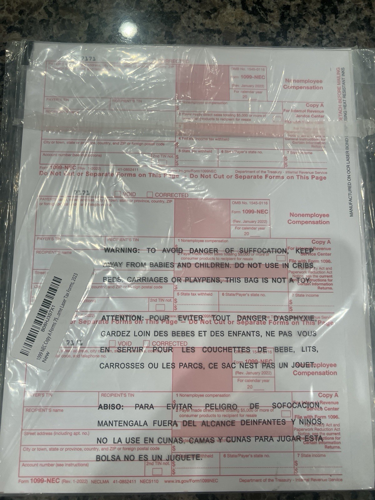 Official IRS FORM 1099-NEC 75 Count No Envelopes