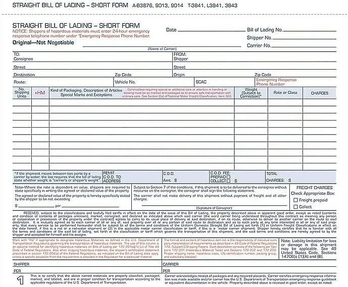 Bill of Lading Short Form, 8-1/2 X 7-7/16 Inches, White, 3-Part, 250-Count (B387
