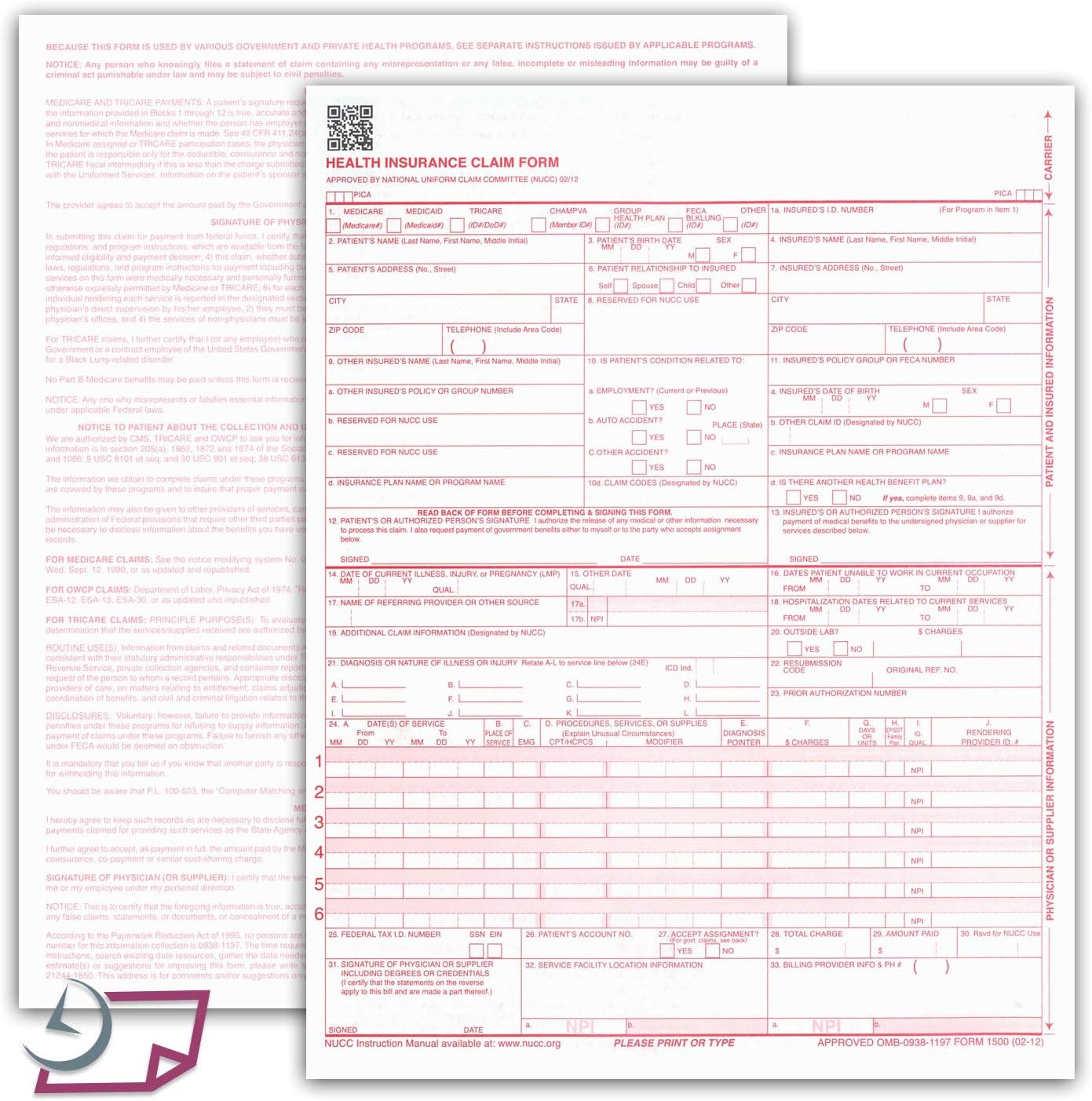 – CMS 1500 / HCFA 1500 Insurance Claim Forms – Laser/Ink-Jet Compatible (New …