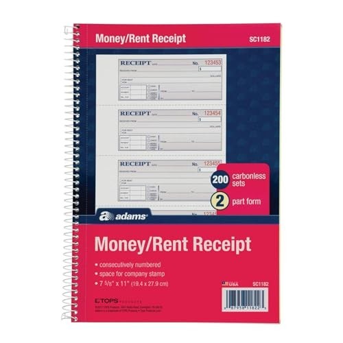 Money and Rent Receipt Book, 2-Part Carbonless, 7-5/8″ x 11″, Spiral Bound, 200