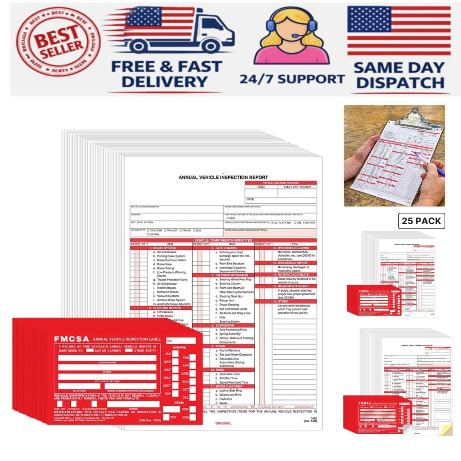 J. J. Keller 25-Pack Vehicle Inspection Forms & Red FMCSA Labels – DOT Compliant