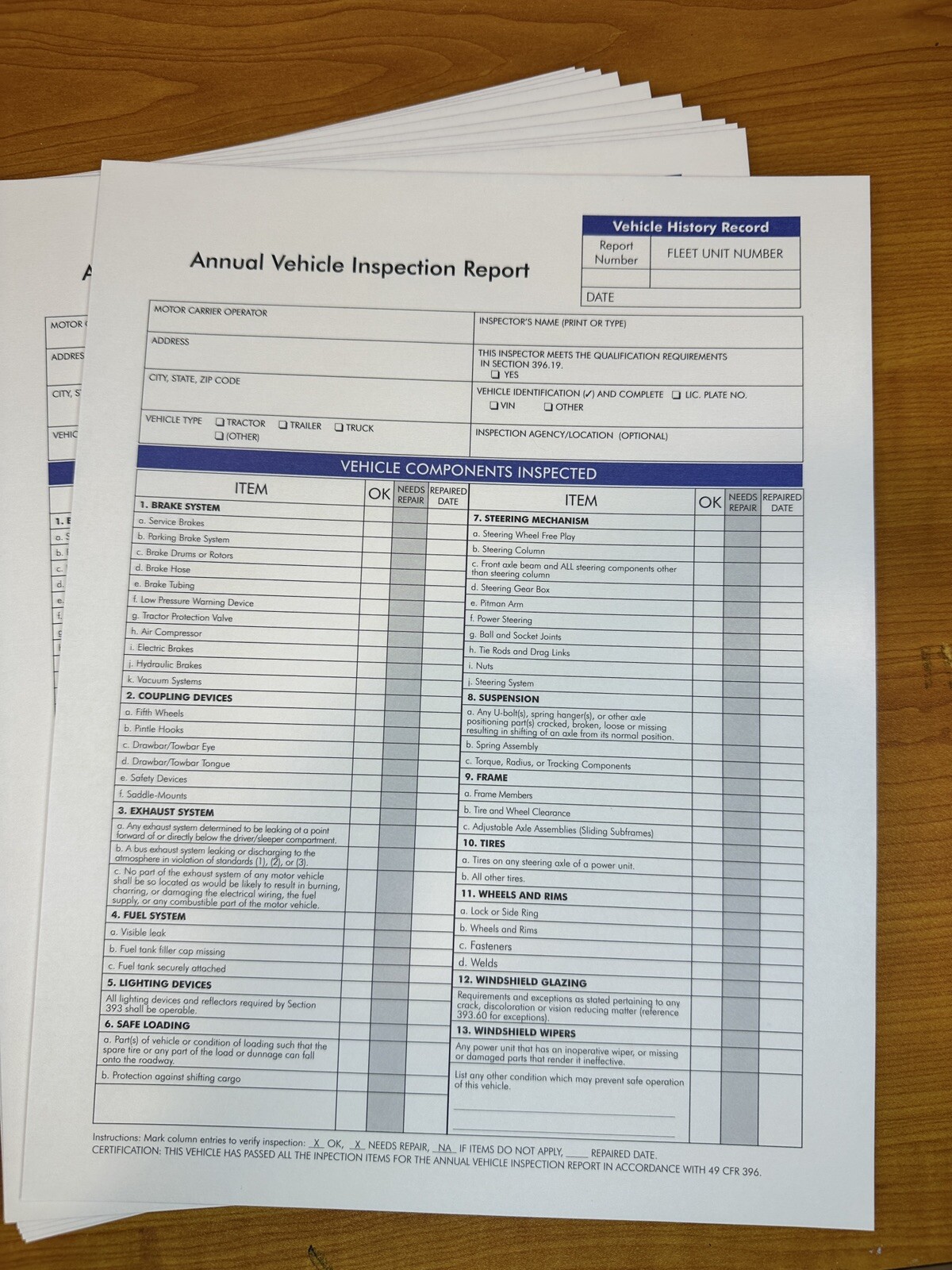 10-PACK. Annual Vehicle Inspection Report Form. 3-Ply, Carbonless. FMCSA DOT.