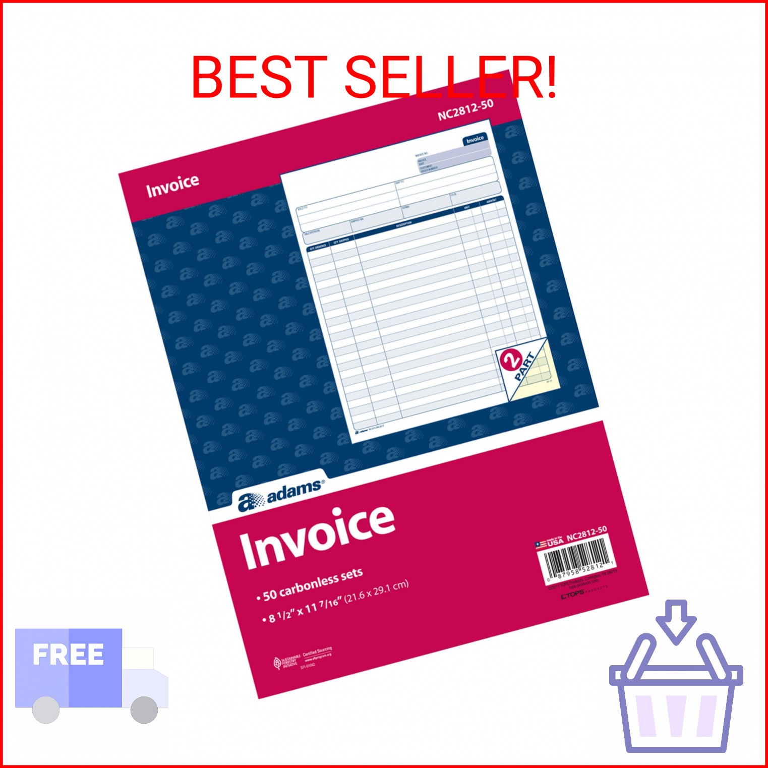 Adams Invoice Sets, 2-Part Carbonless, 8-1/2″ x 11-7/16″, 50 Sets per Pack (NC28