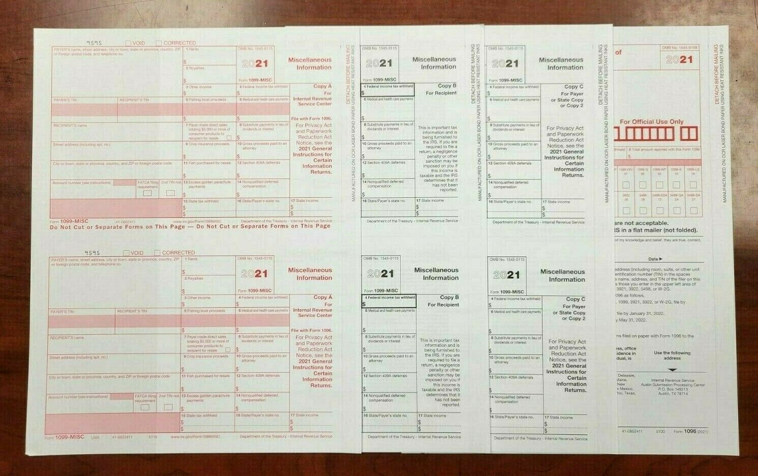 2021 IRS Tax Form 1099 MISC 10 Recipients LASER 3 Pt + (2) 1096 – No Envelopes