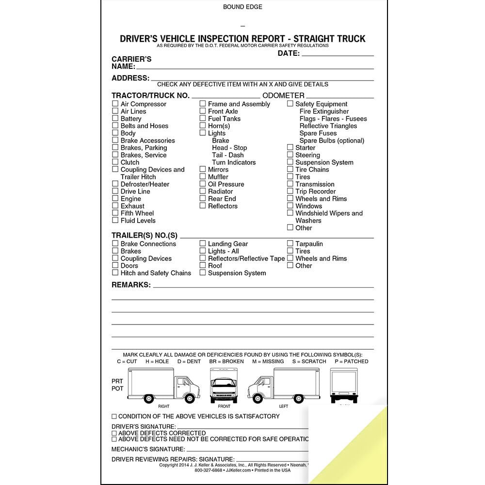 Straight Truck Detailed DVIR 10-pk., 2-Ply Carbonless, 5.5″ x 9.25″