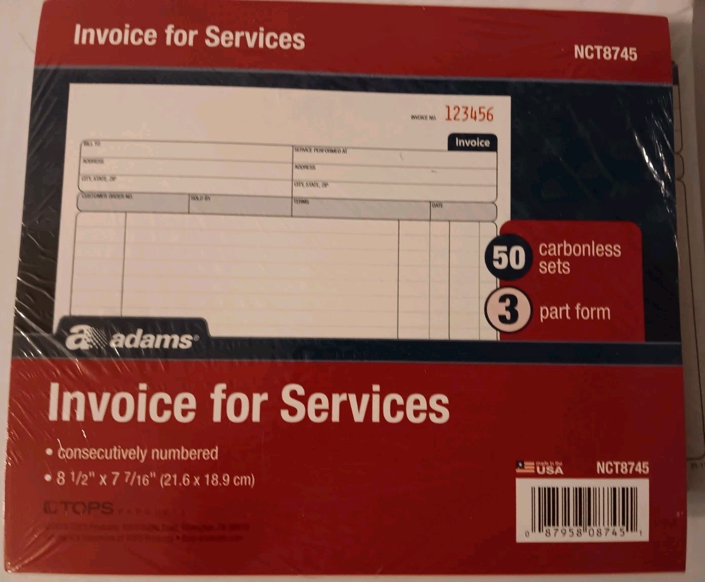 4 pack Adams Invoice for Services 50 Unit, 7.44 x 8.5 Inches, White/Canary/Pink