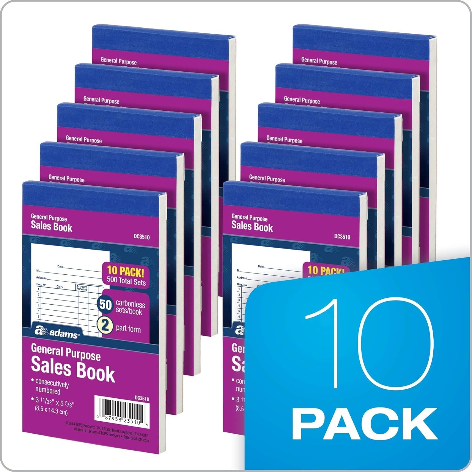 Carbonless Sales Book, 50 Sets, 3-11/32 x 5-5/8, 10 Pack