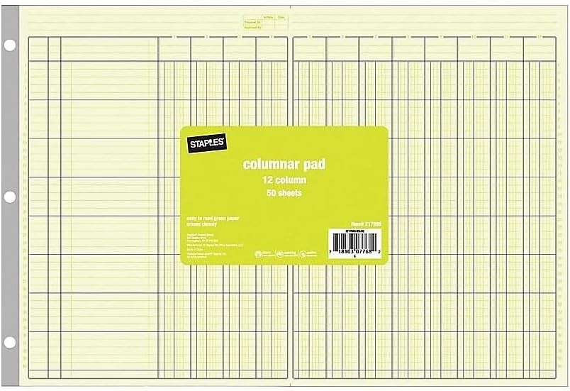 Staples Columnar Pads, 12 Columns, 11″ x 16-5/16″ Green