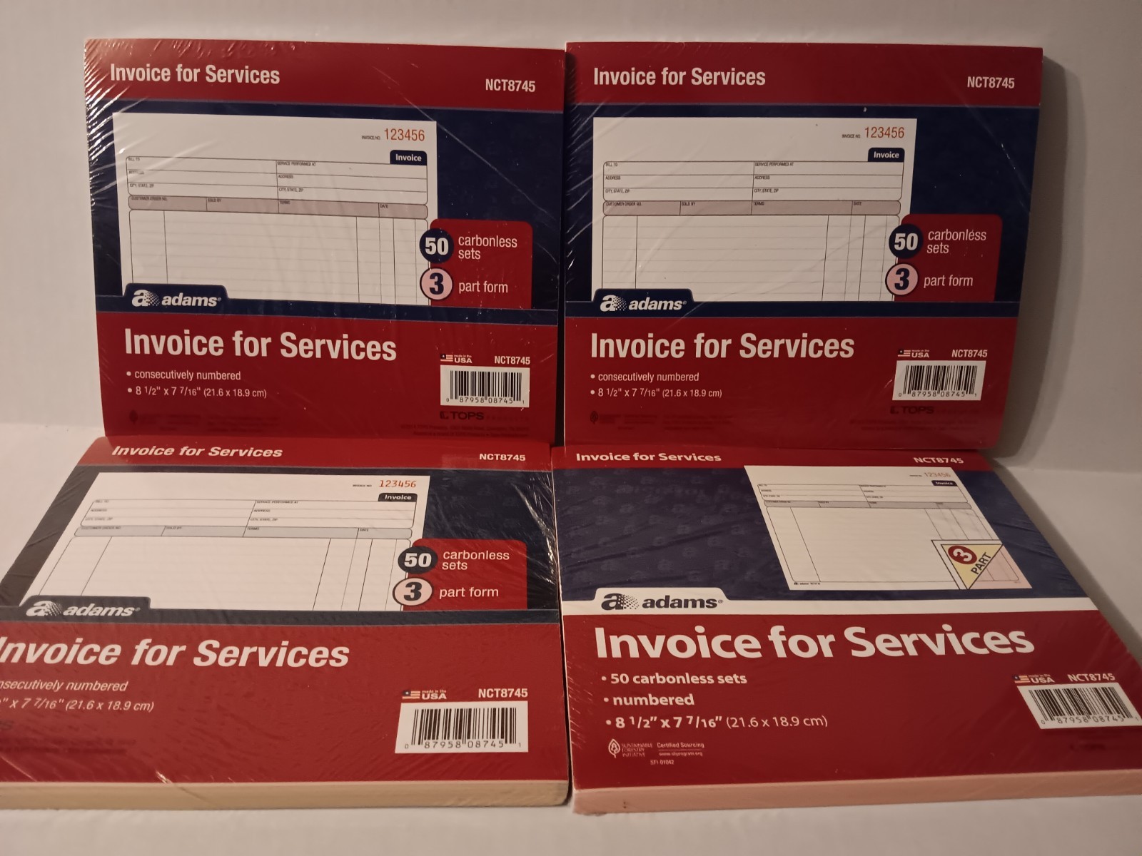 4 pack Adams Invoice for Services 50 Unit, 7.44 x 8.5 Inches, White/Canary/Pink