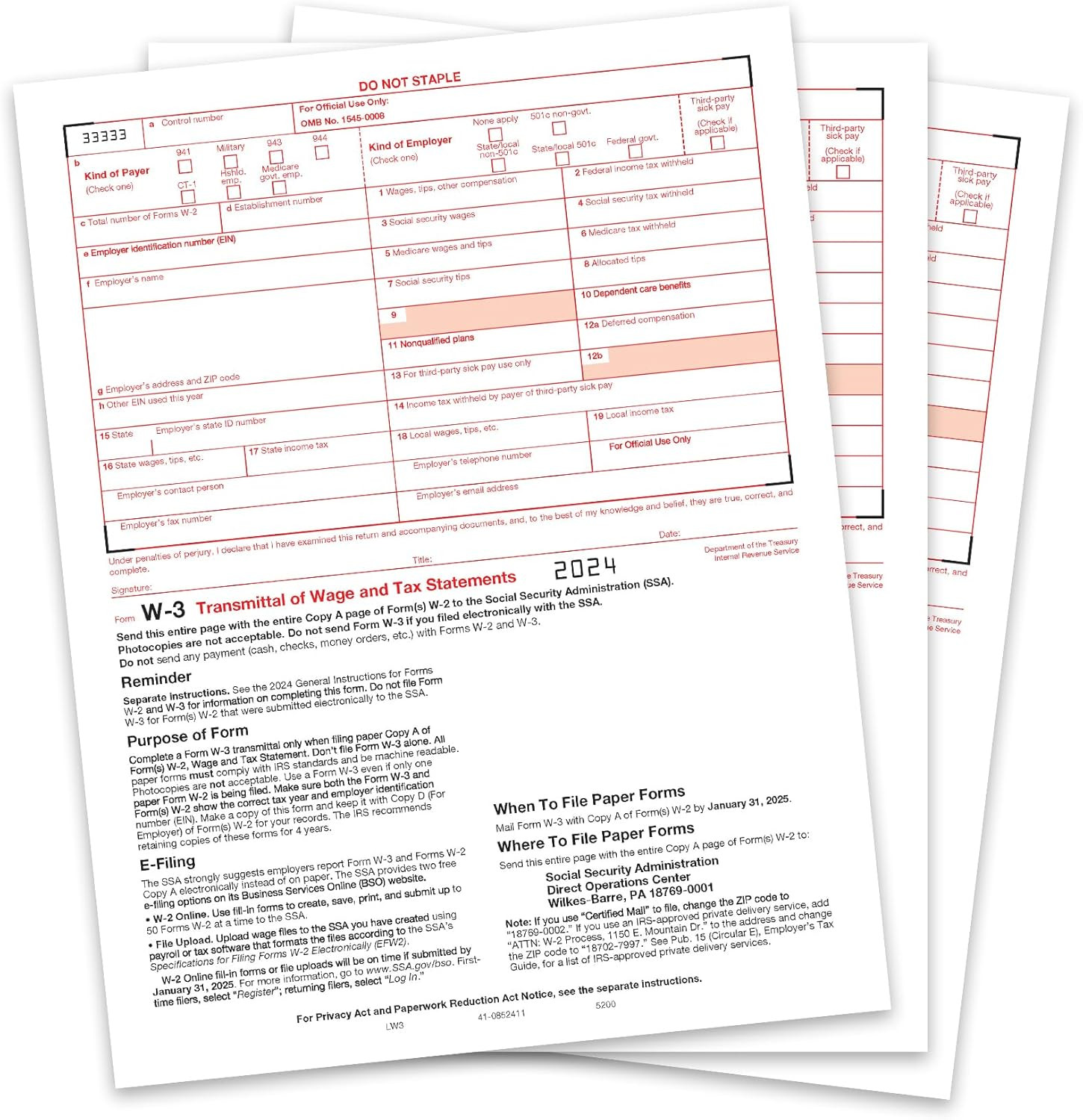 W3 Transmittal Tax Forms 2024, 10 Form W-3 Summary Laser Forms for Transmittal o