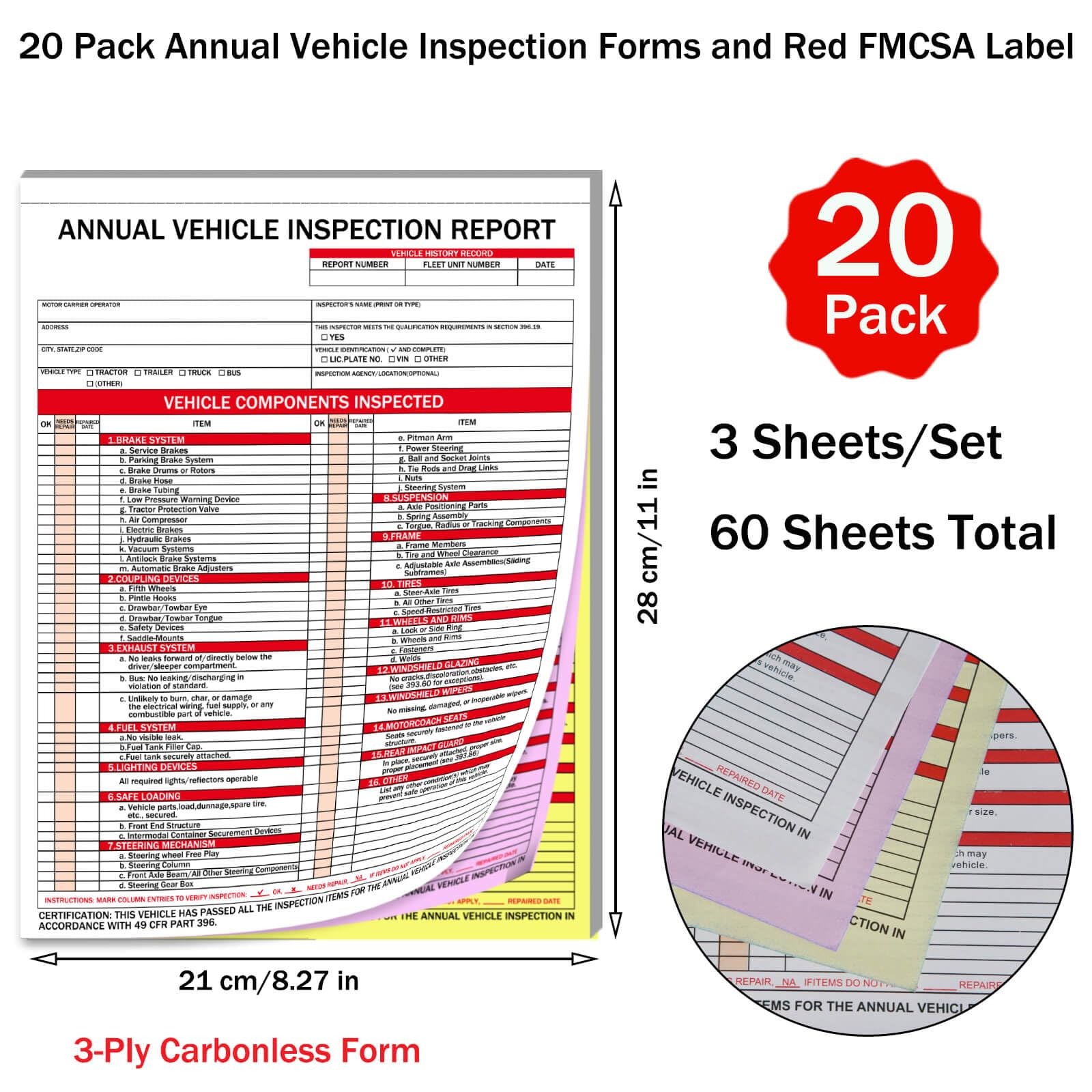 XUEJITECH 20-Pack Annual Vehicle Inspection Report Forms with Red FMCSA Alumi…