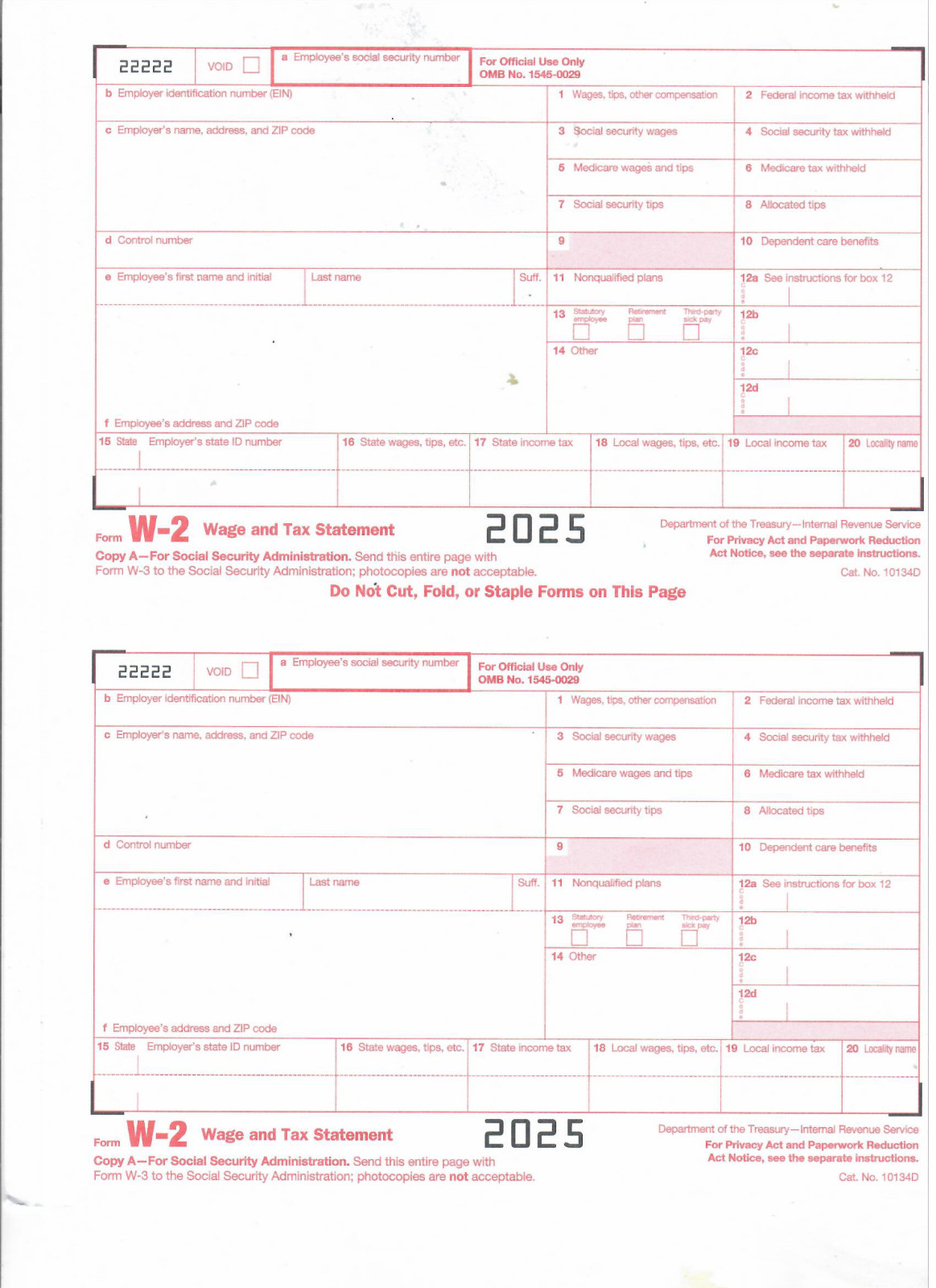2025 W2 -5 Forms for 2 employees per Form of Wage and Tax Statement