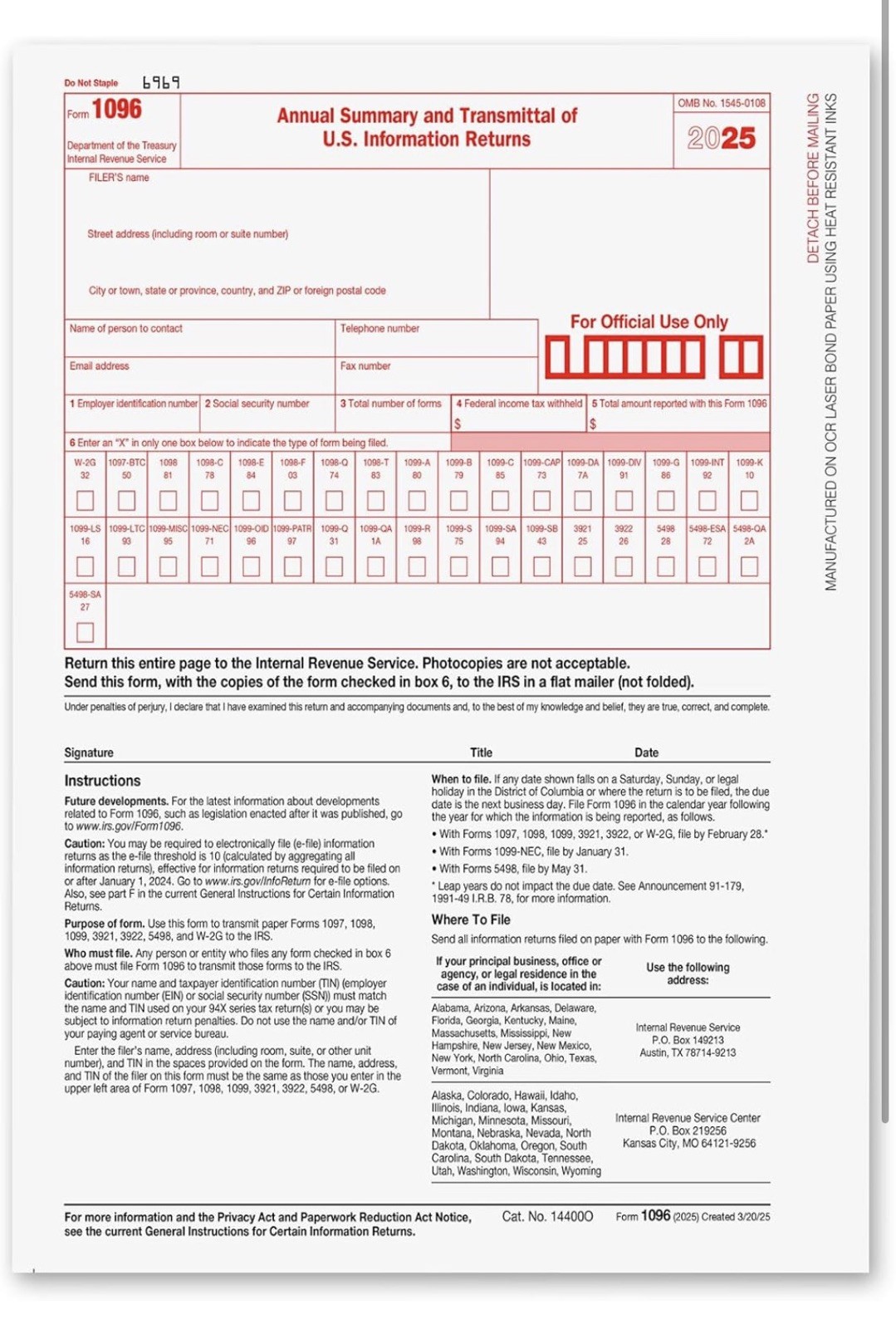 Onguls 1099-Nec 4 Part Tax Forms 25 Pack IRS Approved 2025 NO ENVELOPES