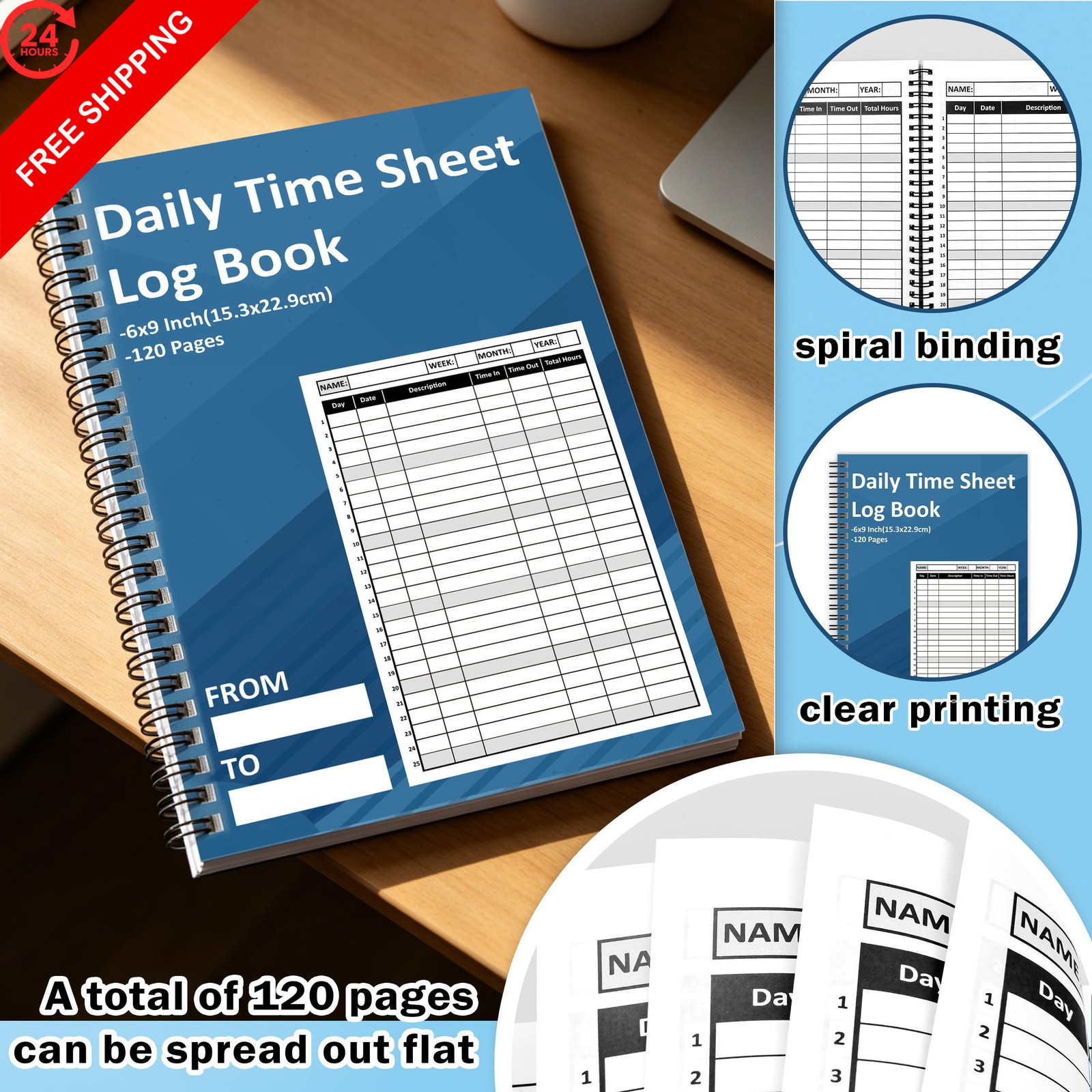 2 Pcs Daily Time Sheet Log Book 120 Pages 6×9 Inch Spiral Binder 6 x 9
