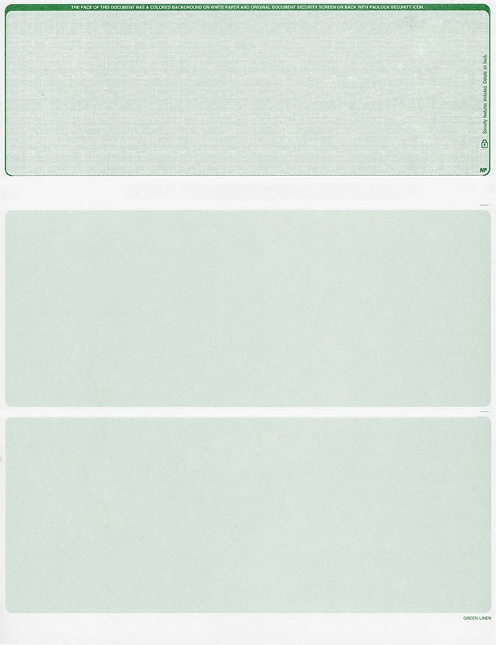 500 Printed Security Check Paper Stock – Checks on Top (Linen Green)