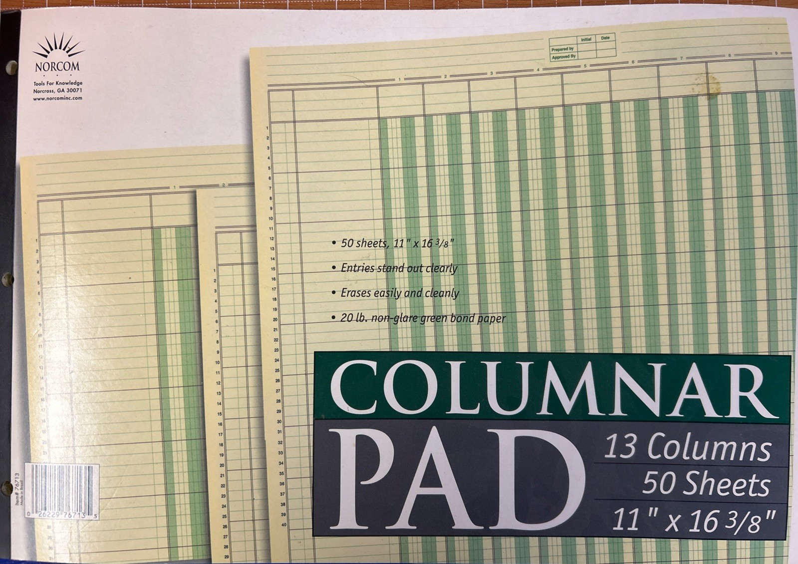 NEW Norcom Columnar Pad 13 Columns 11 x 16.375 Inches 50-Sheets Green