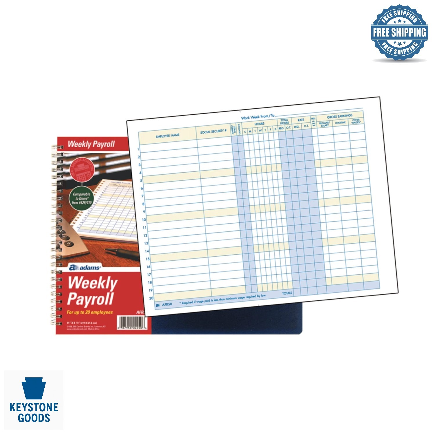 Weekly Payroll Record Book for 20 Employees, Spiral Bound, 8.5″x11″