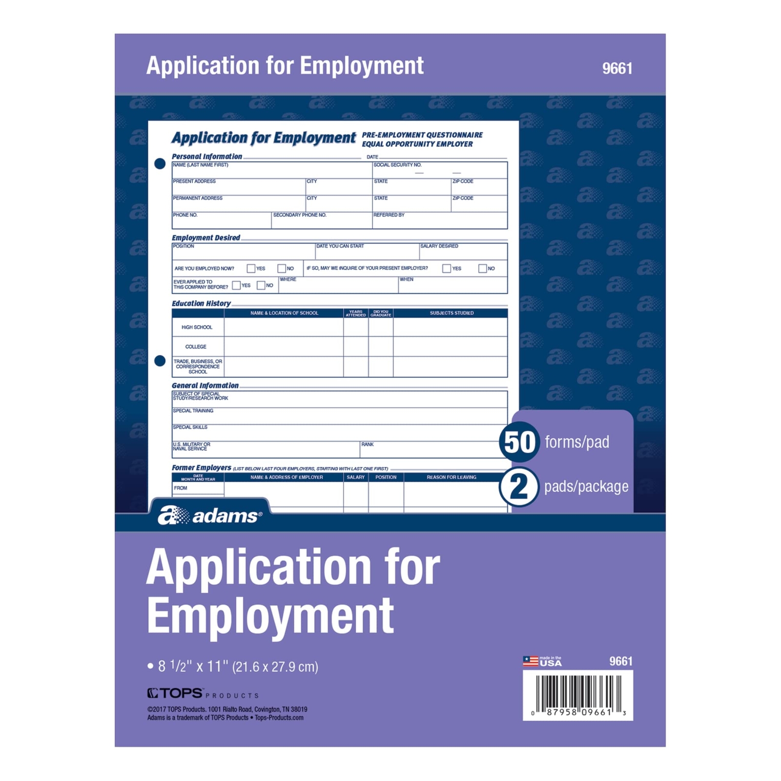 Adams Bilingual Employee Application Forms 8.5 x 11 2 Pads 50 Forms Each