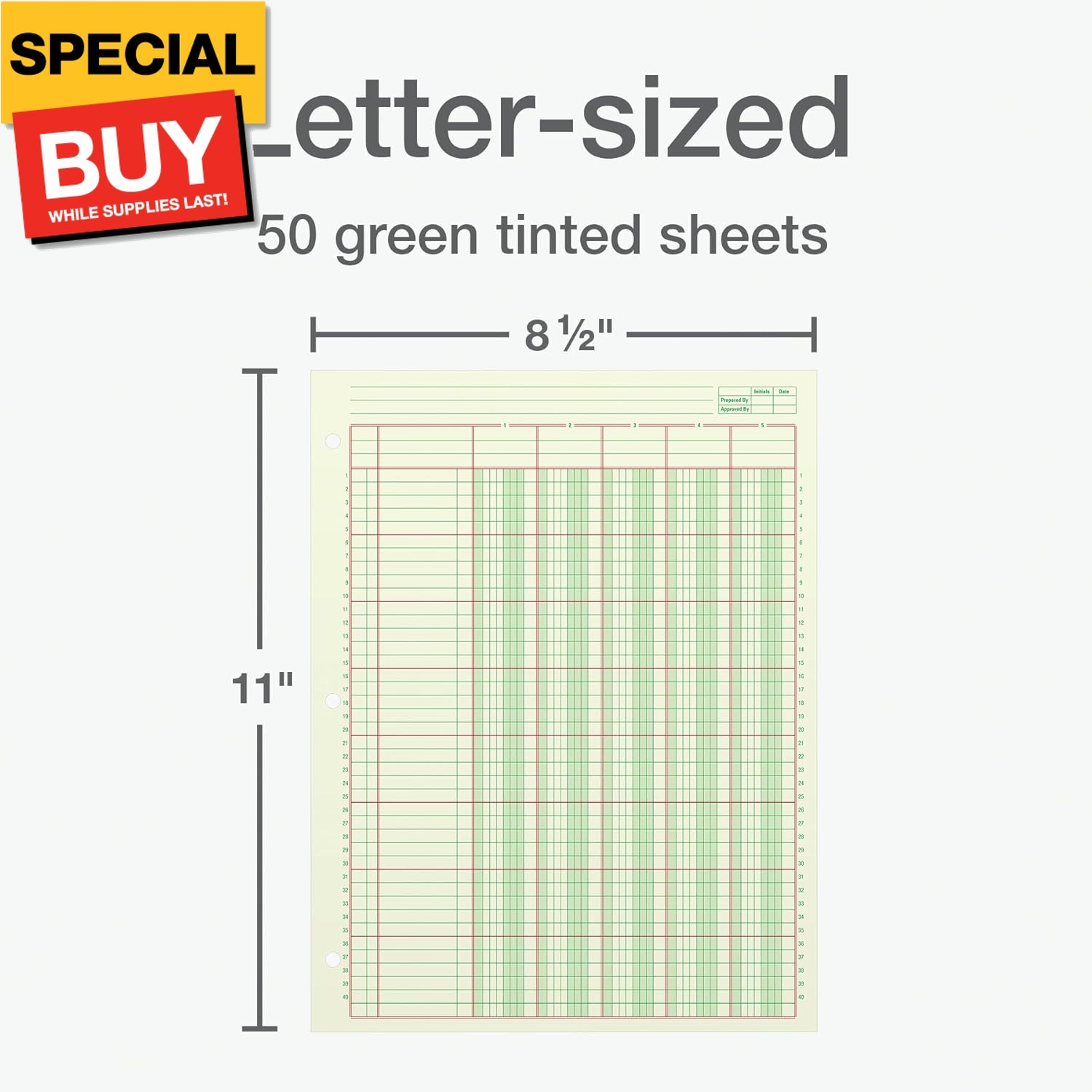 Columnar Analysis Pad, 5 Column Ledger, 8.5″ x 11″, 100 Pages (50 Sheets), Green