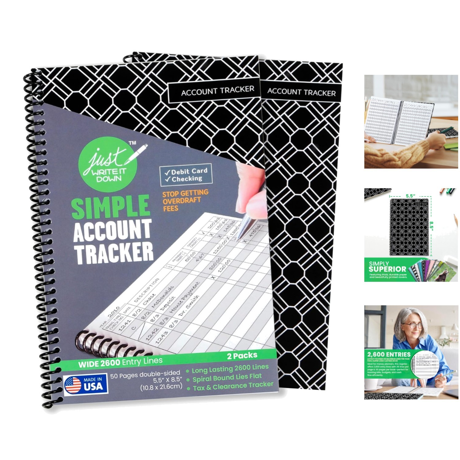 2-Pack Check Book Register & Debit Card Ledger – Black, Standard Edition