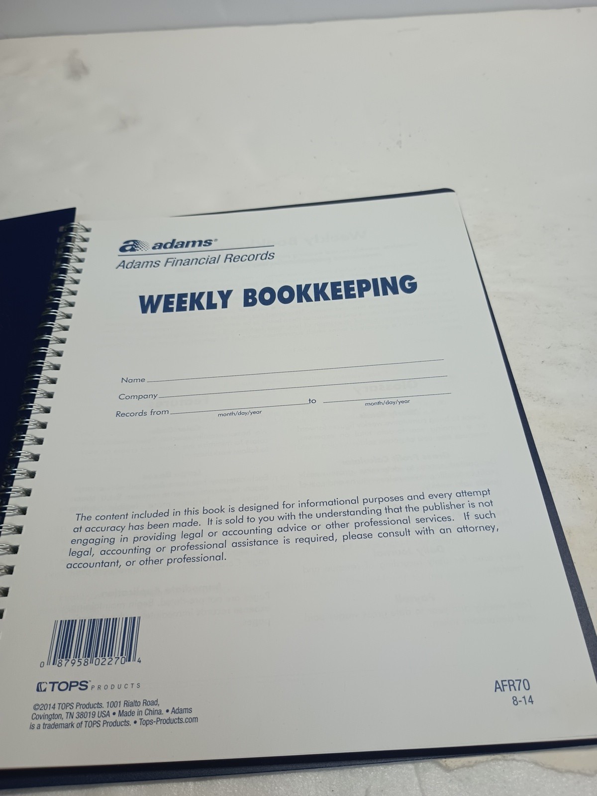 (1) PO Adams Weekly Bookkeeping Record Book, Spiral Bound,8.5 X 11 Inches, AFR70