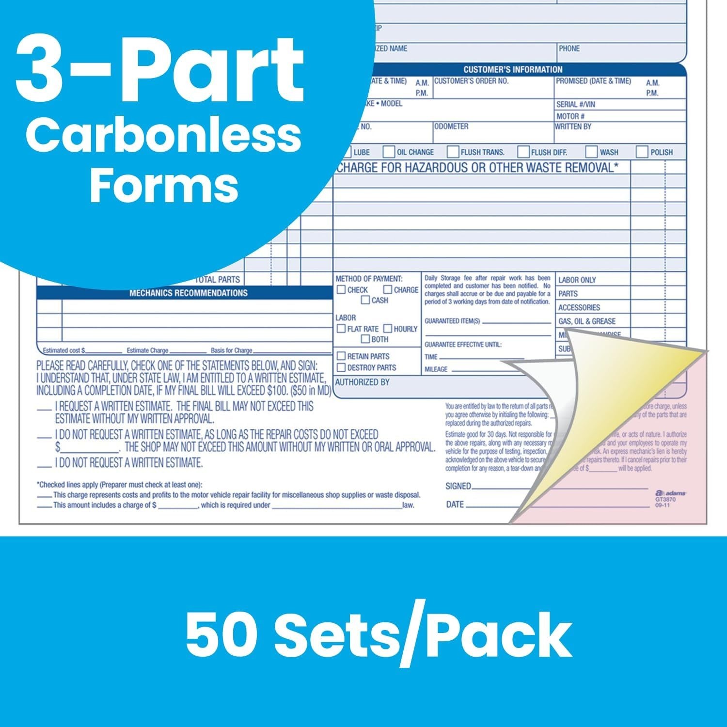 3-Part Carbonless Auto Repair Order Forms 8.5×7.5 Service Invoice 50 Sets