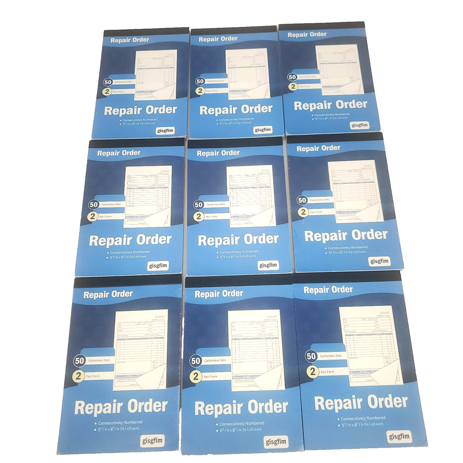 (9) Pad Repair Order Book 2-Part 50 Set Carbonless Receipts Consecutively #’d