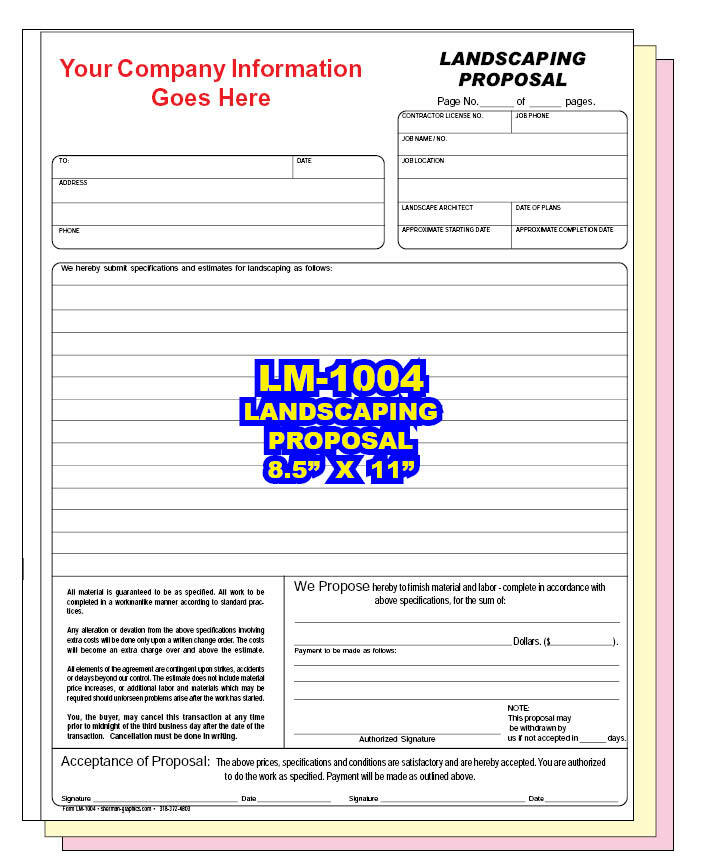 LAWN CARE PROPOSAL CUSTOM PRINTED 2 or 3 Part Carbonless