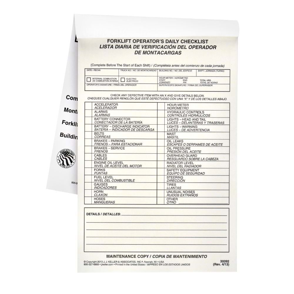 J. J. Keller Forklift Operator Daily Checklist Book 10-pk., Bilingual, 2-Ply,