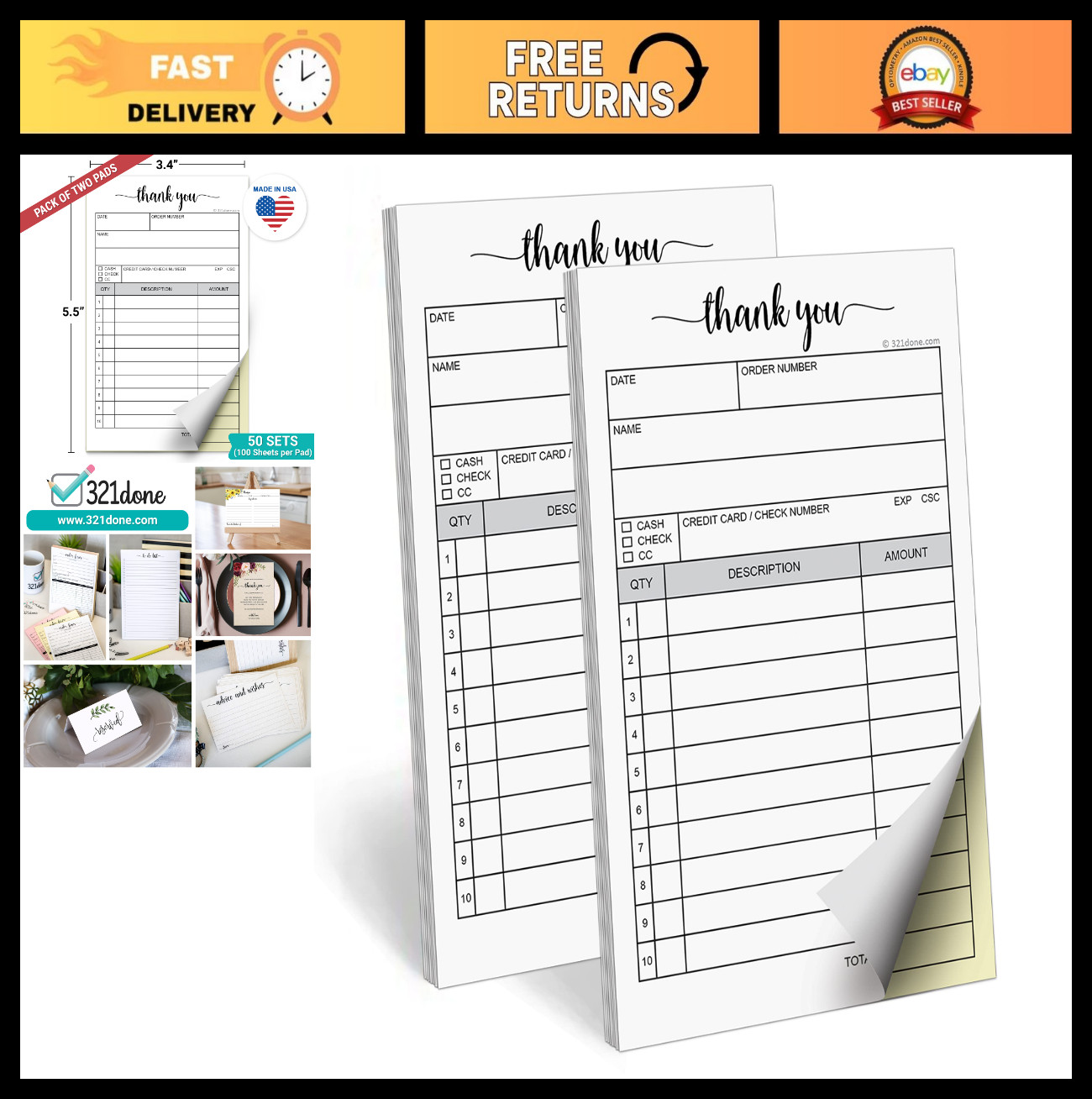Thank You Receipt Pad 2-Pack, Carbonless Duplicate Sales Order & Invoice, 3.4×5.
