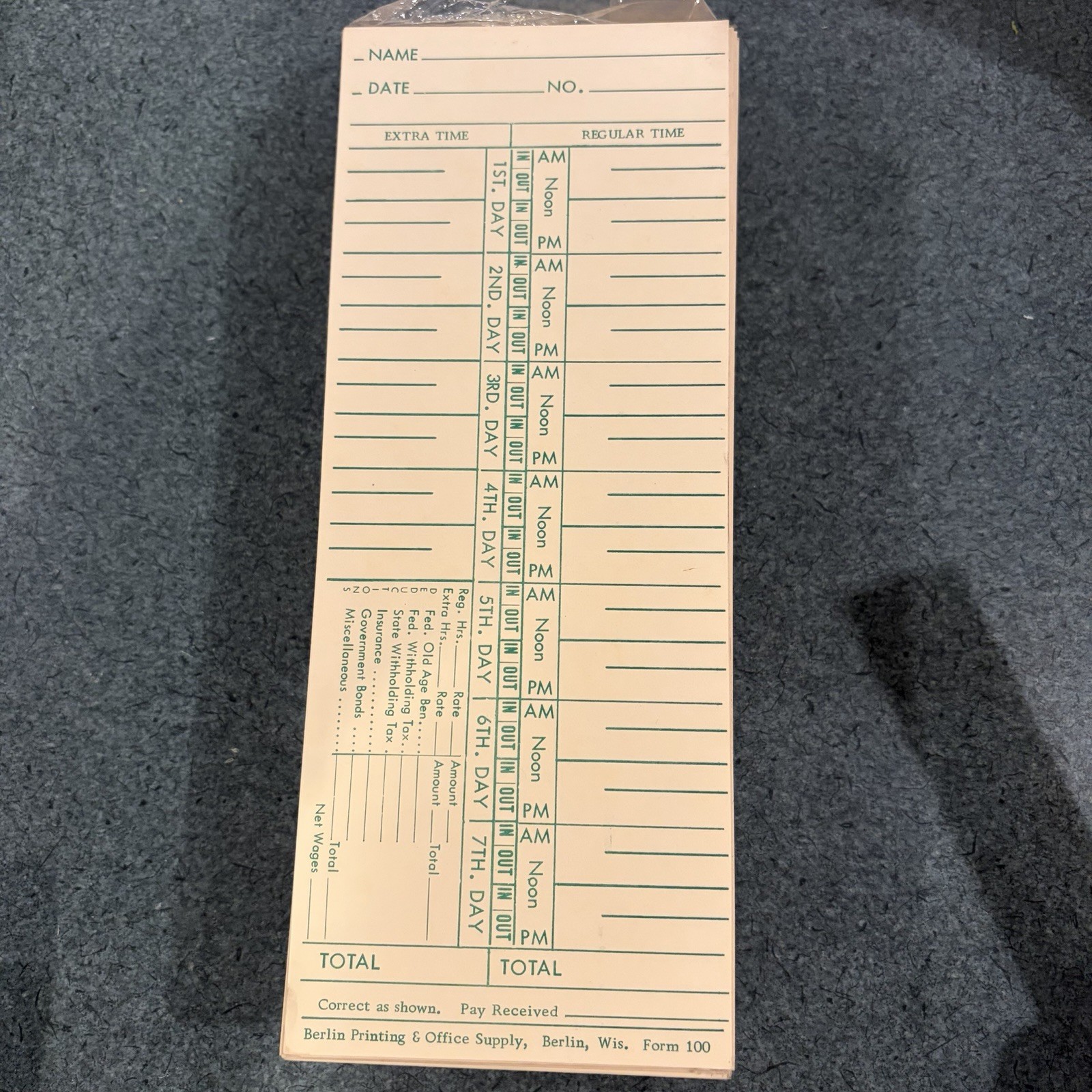 50 Vintage Time Cards Measure 9 1/8” X 3.5” Manilla Yellow With Green Print Lot
