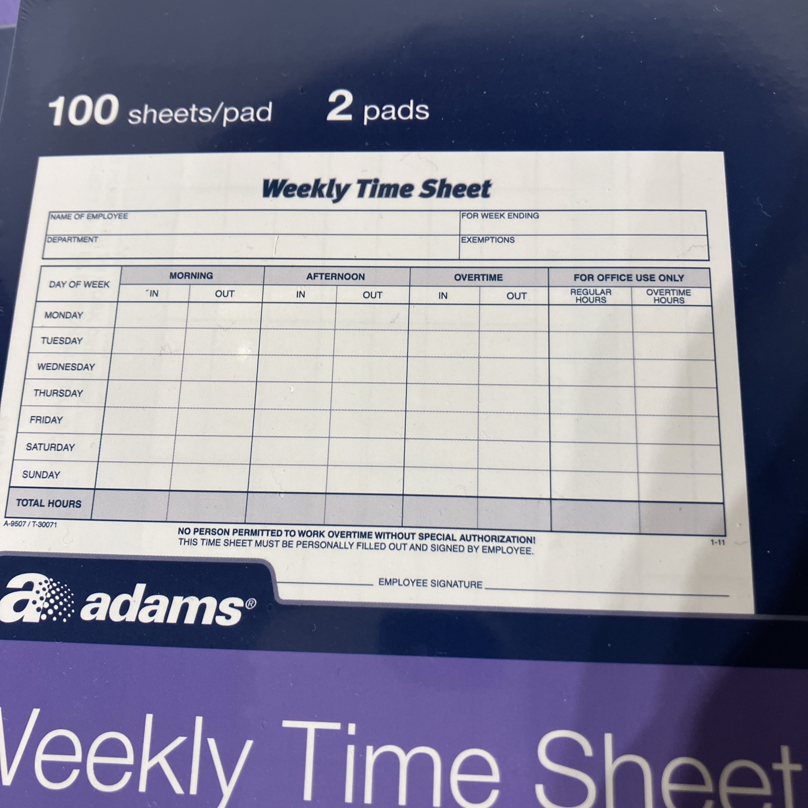 Adams Weekly Time Sheets 9507ABF 5.5″ x 8.5″ Blue/White 2 Pads of 700 Sheets NEW
