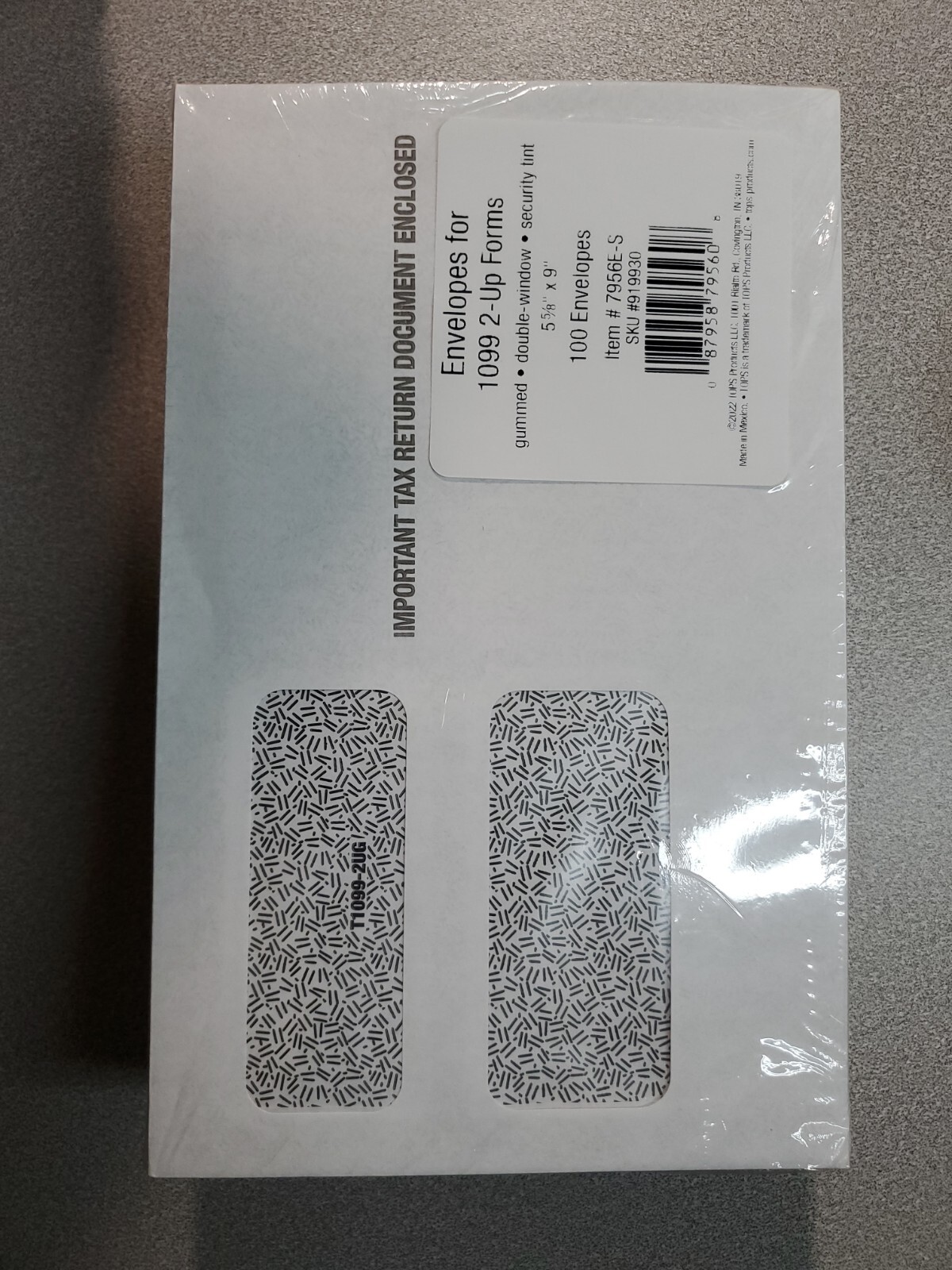 Envelopes For 1099 2-Up Forms 100pcs 7956E-S Gummed Double Window Security Tint