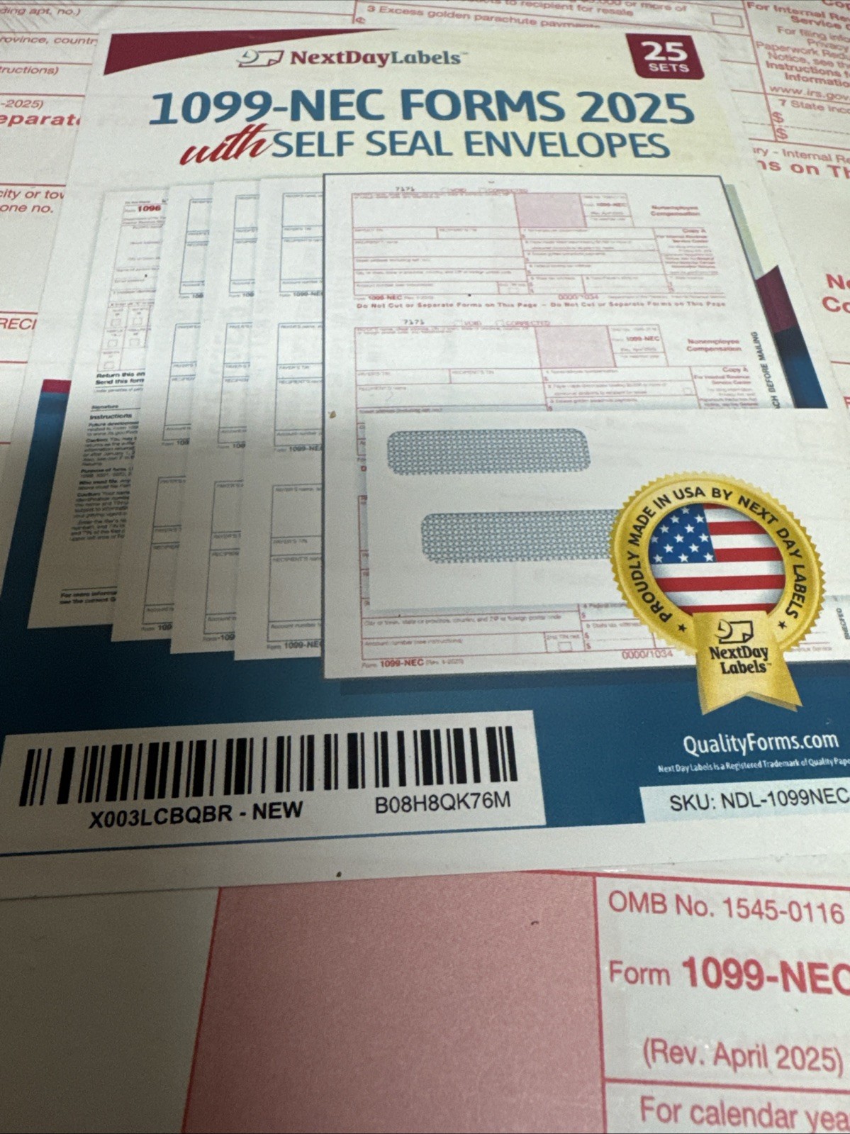 Next Day Labels 1099 NEC Forms 2025 With Self Seal Envelopes 25 Sets Unopened