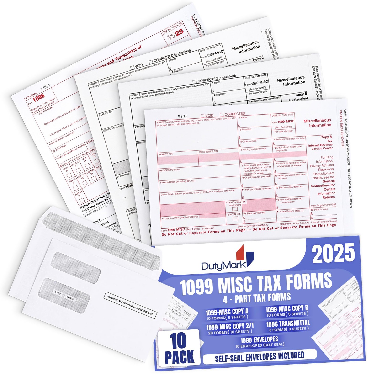DuryMark 1099 Misc Tax Forms 2025 with Envelopes, 10 Vendor 10 With Envelopes