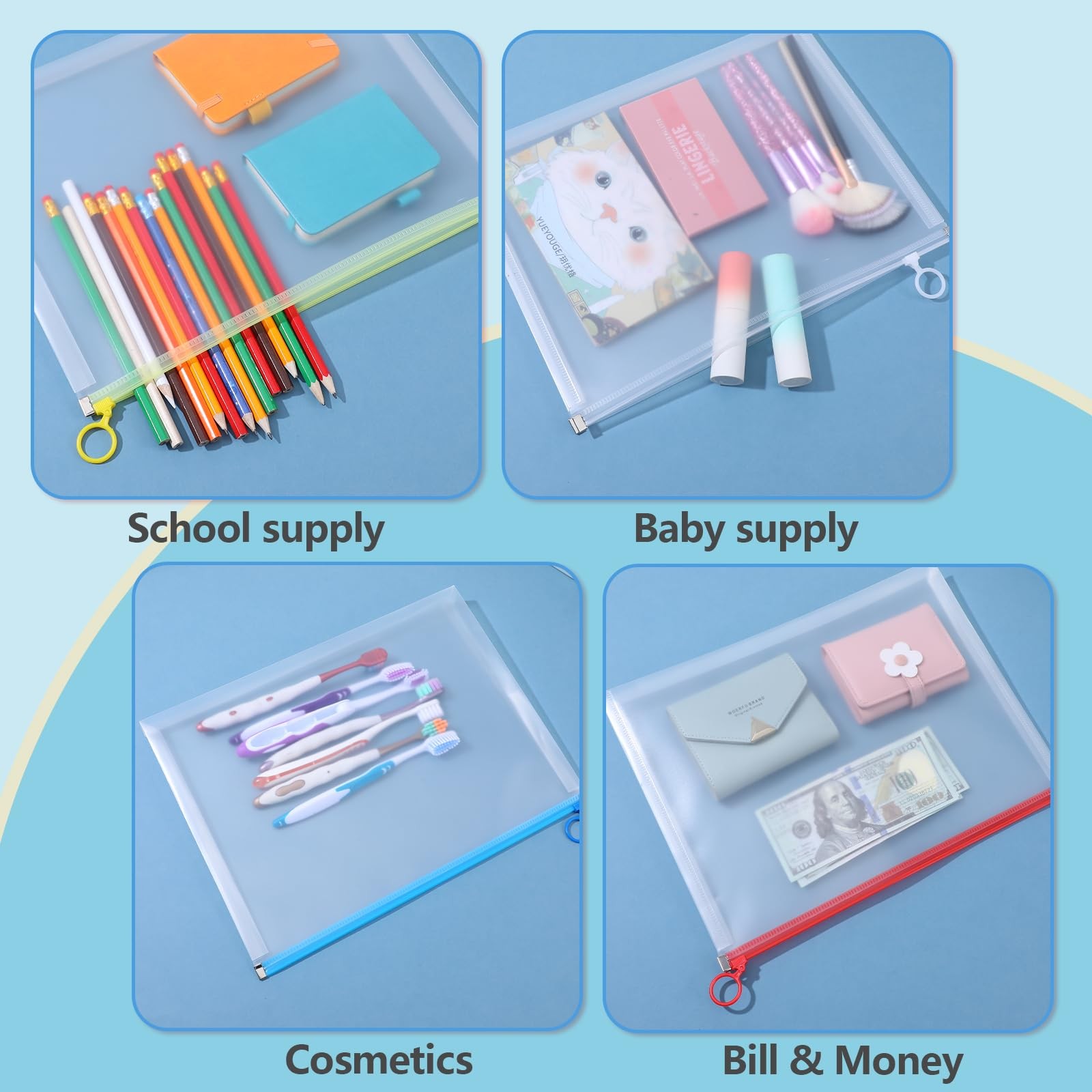 20 Pcs Clear Plastic Zip Envelopes A4 Zipper Document Folder Stylish Colors