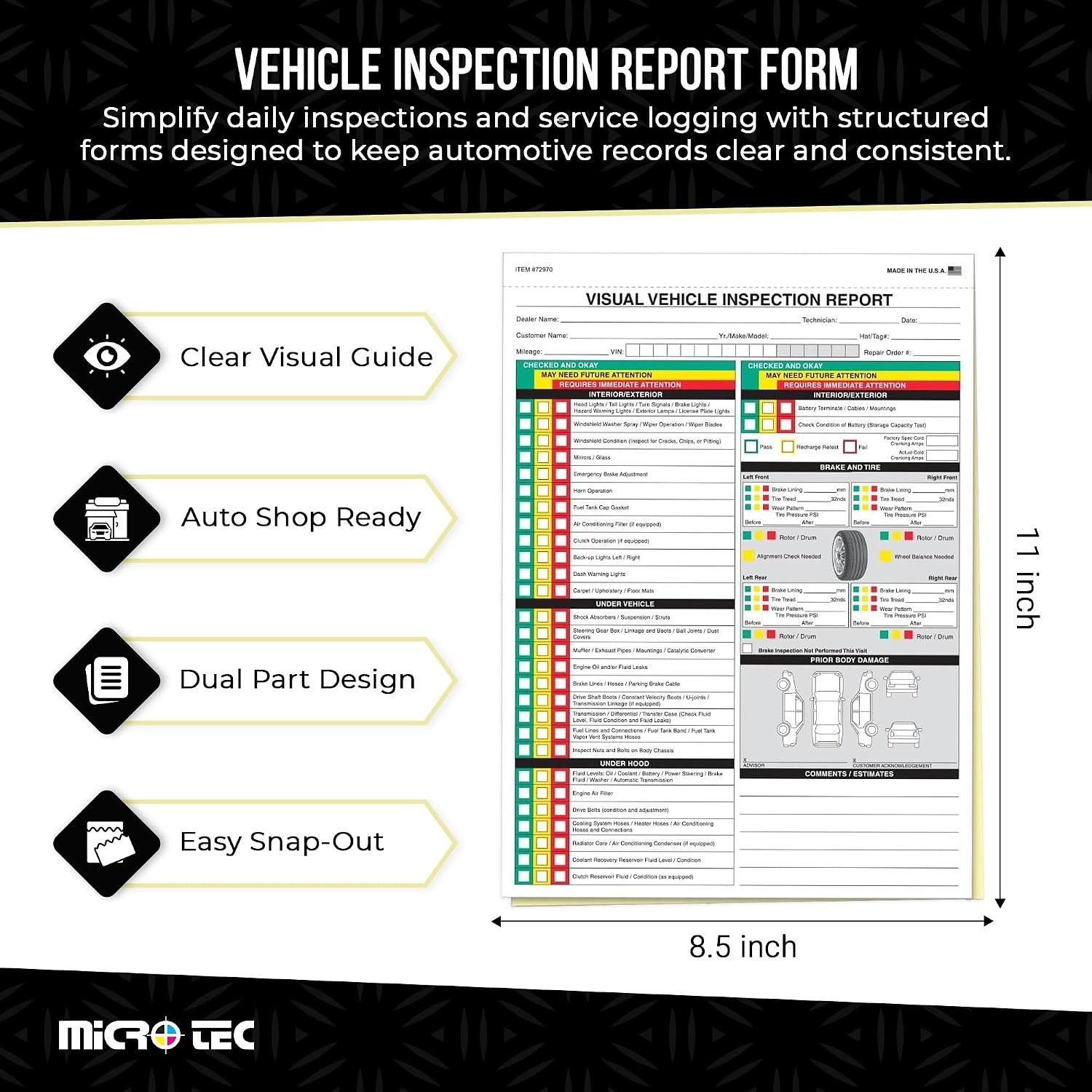 Vehicle Inspection Report Forms 2-Part Carbonless 8.5″ x 11″ Pack of 1000
