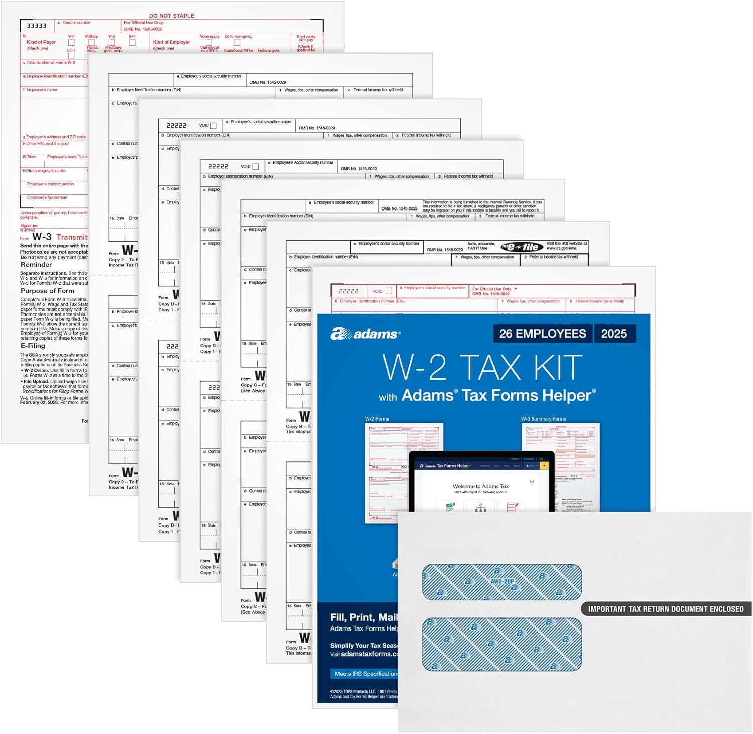 W-2 Forms 2025, 6-Part Kit for 26 Recipients, Includes 26 Envelopes, 3 W-3 Forms