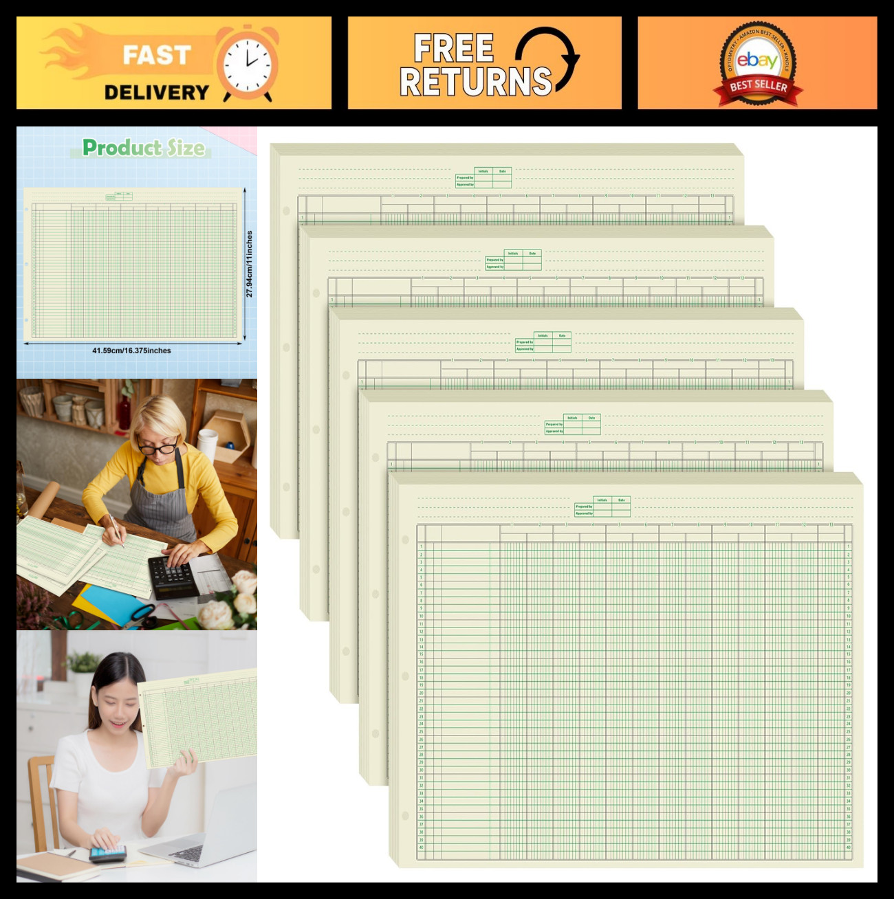 5 Pack Columnar Ledger Paper Pads – 250 Sheets Accounting Book, 3 Hole, Green