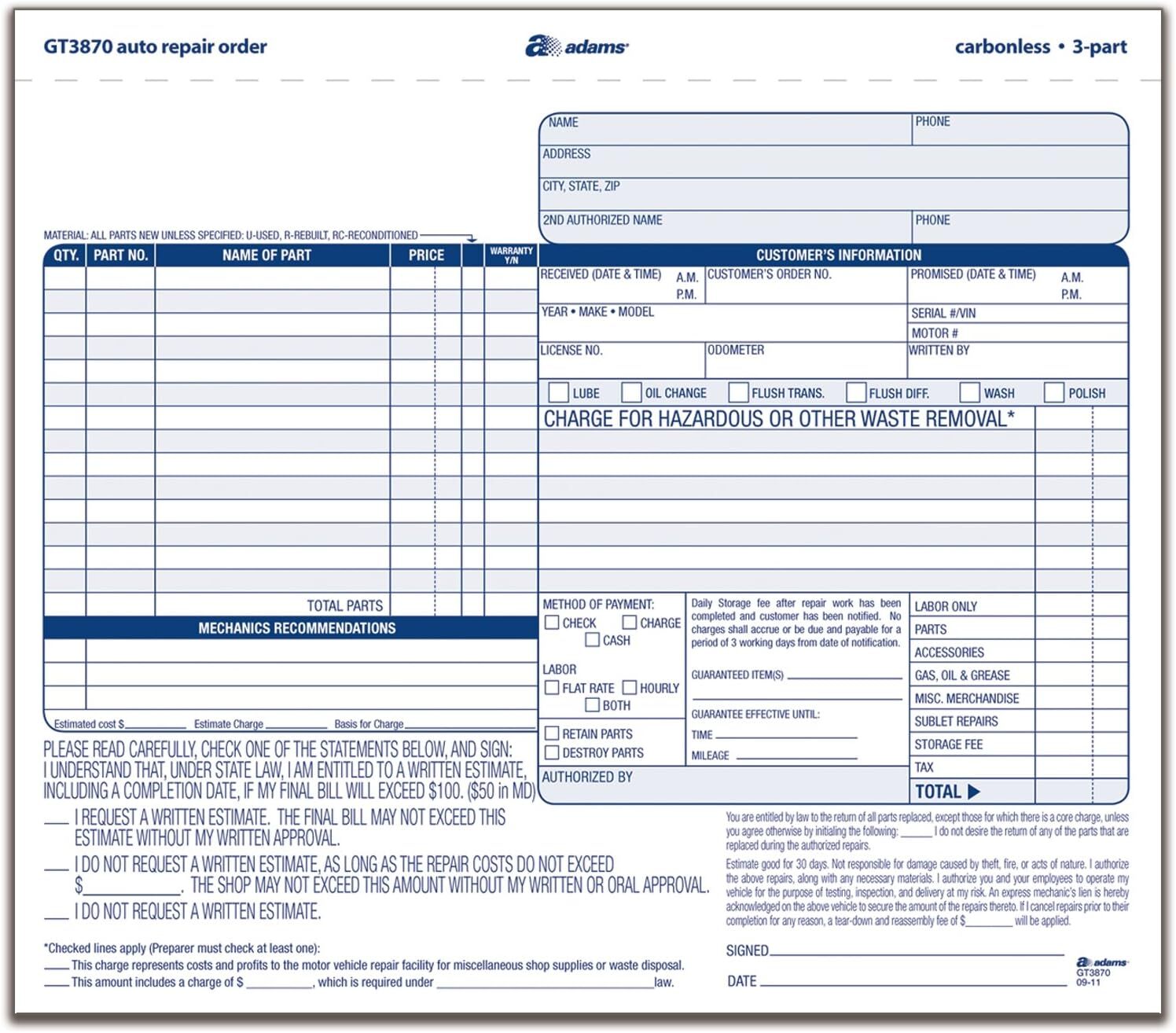 Adams 50 Pack Auto Repair Order Forms Carbonless 3 Part White Canary 8X7 In