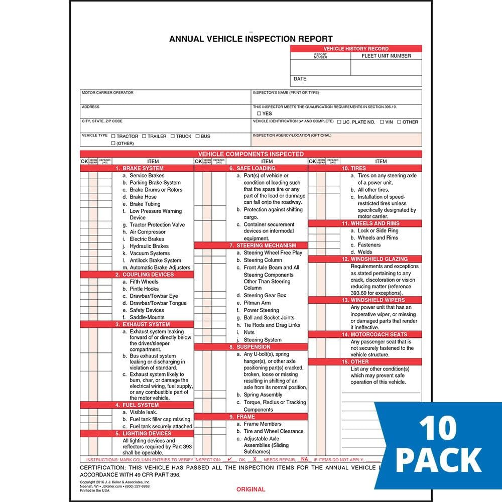 10 PCS J.J. Keller Annual Vehicle Inspection Report Forms 2Ply Carbonless