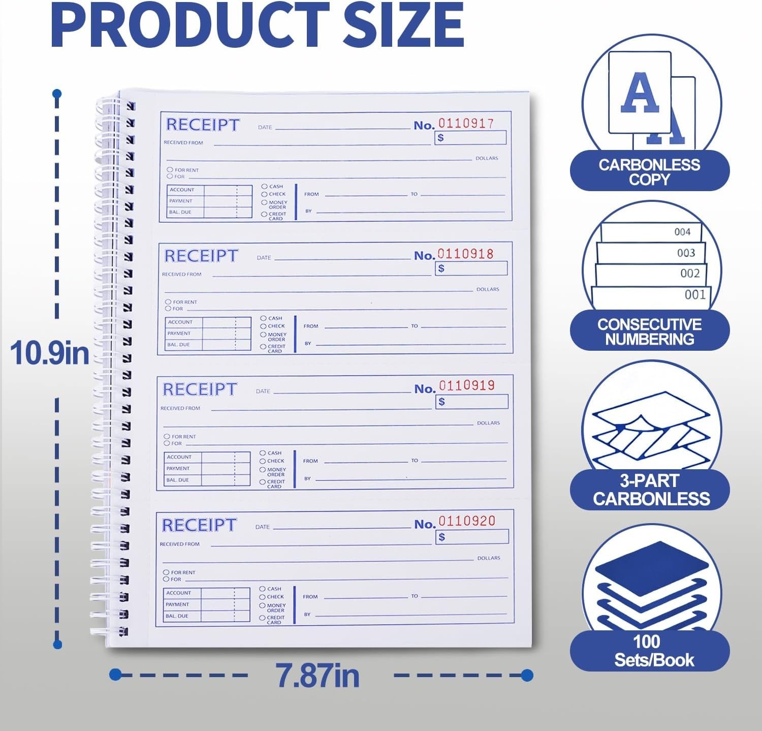 6 Pack Large Money and Rent Receipt Books with Cardboard Insert,7-5/8″ X