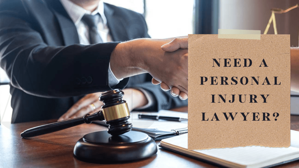 A photo of a man in a formal suit shaking hands above a gavel. And a written text "Need a personal injury lawyer?".