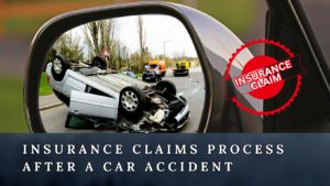 A side mirror reflecting a car accident scene and a written text of insurance claims process after a car accident.